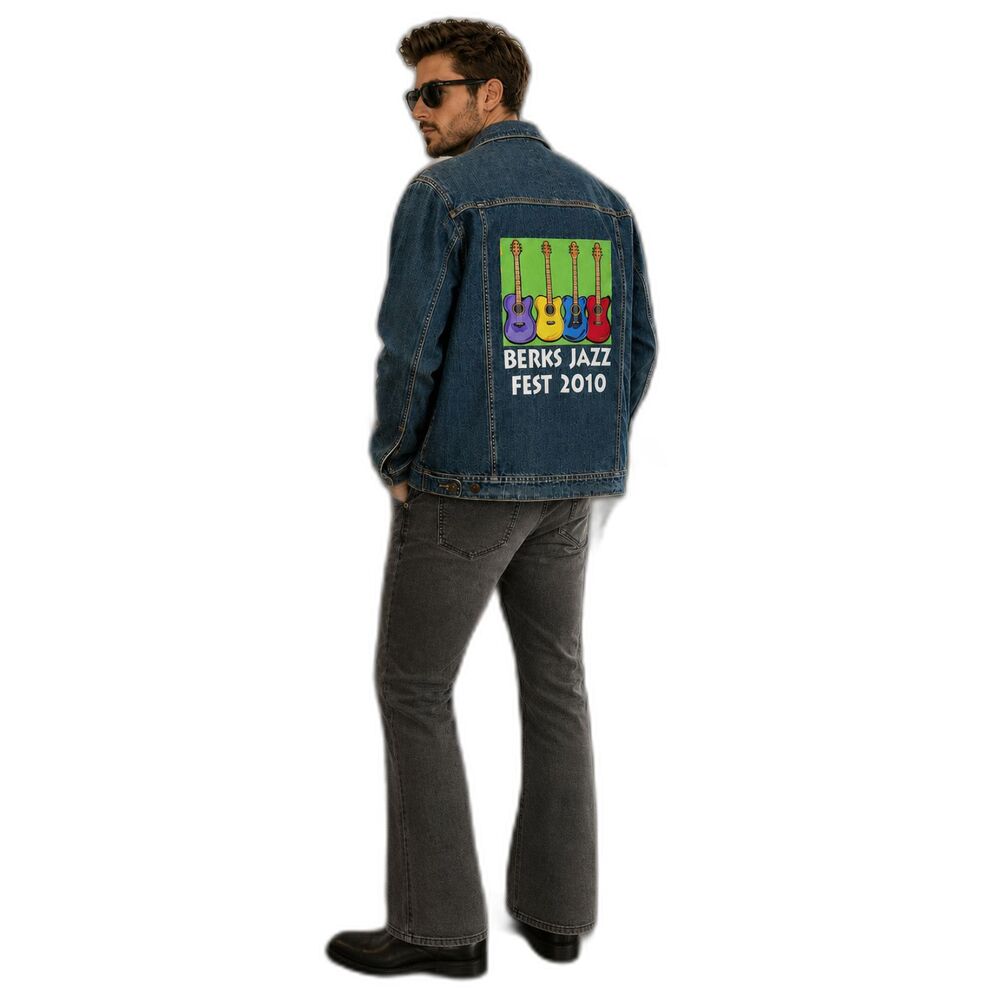 Rare Berks Jazz Fest 2010 Embroidered Colorful Guitars Denim Jacket Size Large